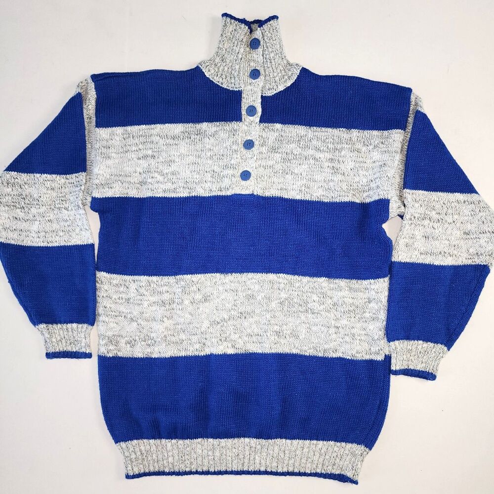 VTG 80's or 90's Ricki Blue & Grey Striped Quarter Button Pullover Sweater Sz M